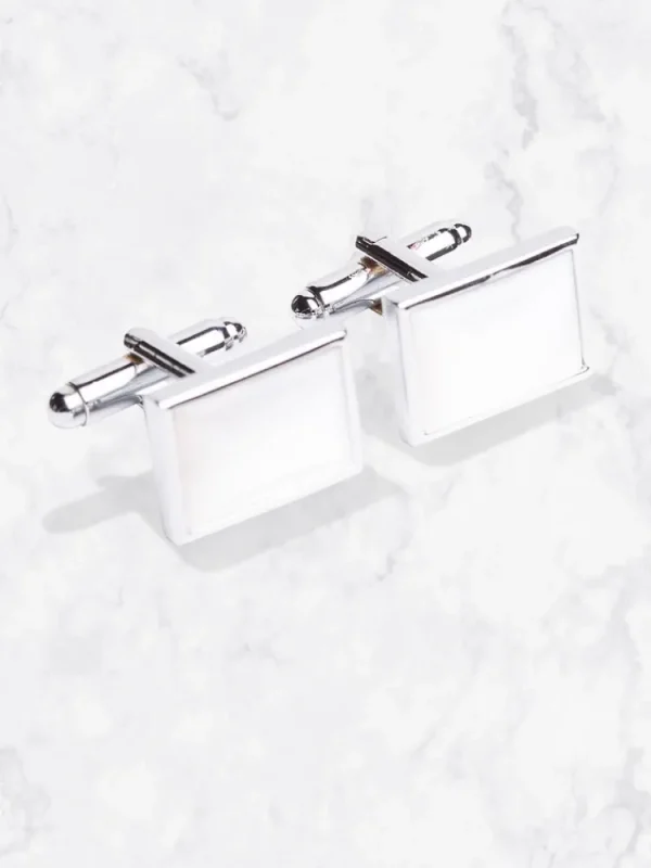Palenzo Cérémonie | Accessoires Et Chaussures | Boutons de manchettes - Métal argenté rectangles blancs