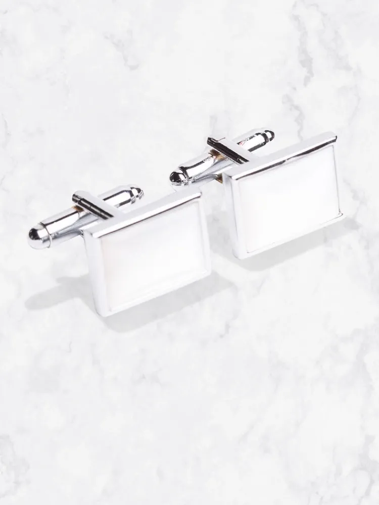 boutons_de_manchettes__mt_0-5.webp Palenzo Cérémonie | Accessoires Et Chaussures | Boutons de manchettes - Métal argenté rectangles blancs