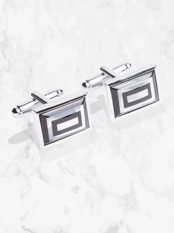 Palenzo Cérémonie | Accessoires Et Chaussures | Boutons de manchettes - Métal argenté rectangles noirs & blancs