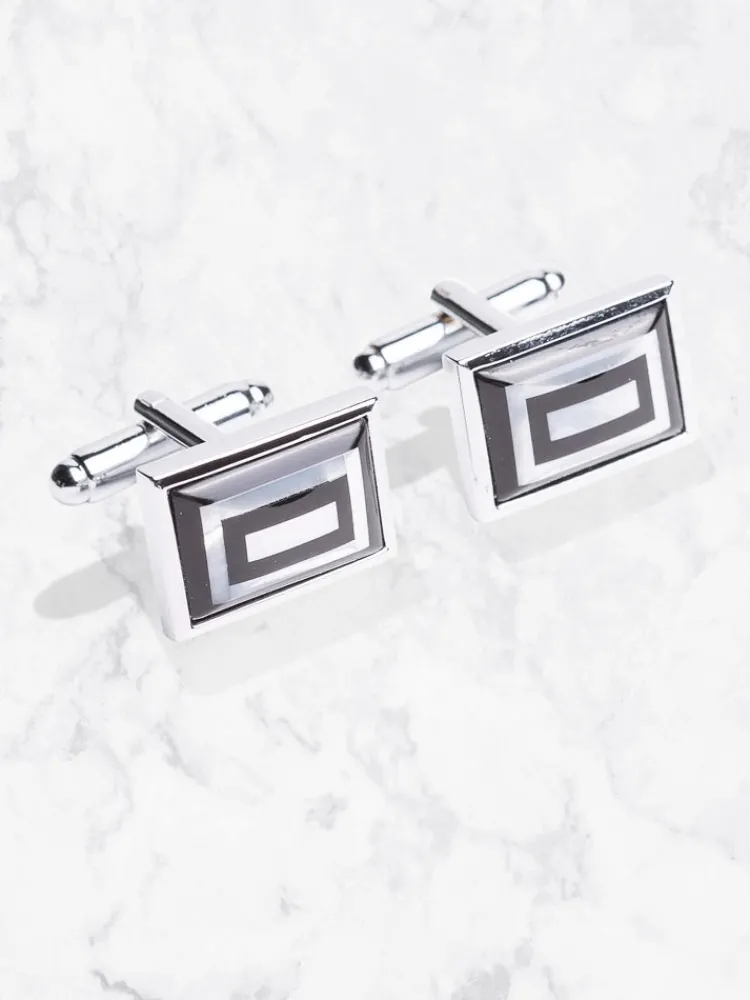 boutons_de_manchettes__mt_0-6.webp Palenzo Cérémonie | Accessoires Et Chaussures | Boutons de manchettes - Métal argenté rectangles noirs & blancs