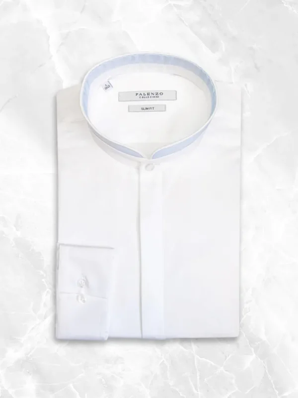 Palenzo Prêt-à-porter | Chemises | Chemise col officier arrondi - Blanc et bleu ciel