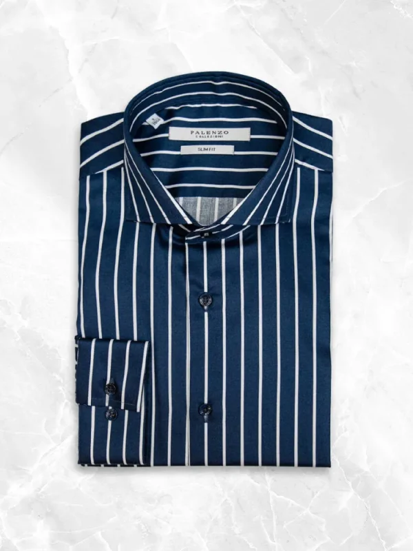 Palenzo Prêt-à-porter | Chemises | Chemise petit col français - Bleu marine et blanc rayures