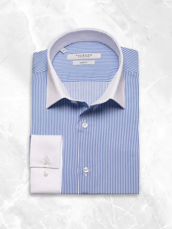 Palenzo Prêt-à-porter | Chemise petit col français - Blanc et bleu rayures