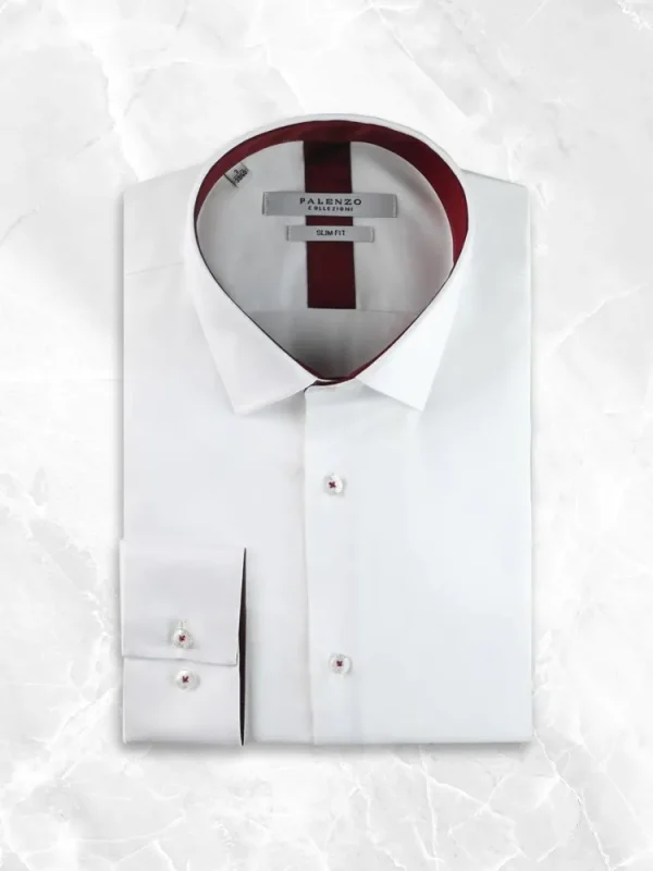 Palenzo Prêt-à-porter | Chemises | Chemise petit col français - Blanc et rouge bordeaux